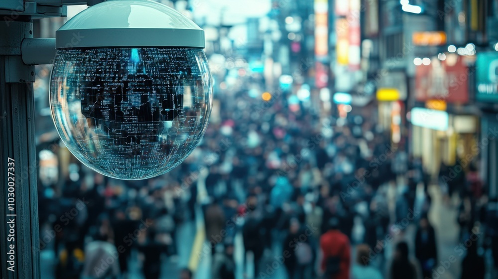 Leinwandbilder city surveillance camera with computer vision that recognizes objects and faces to identify threats 