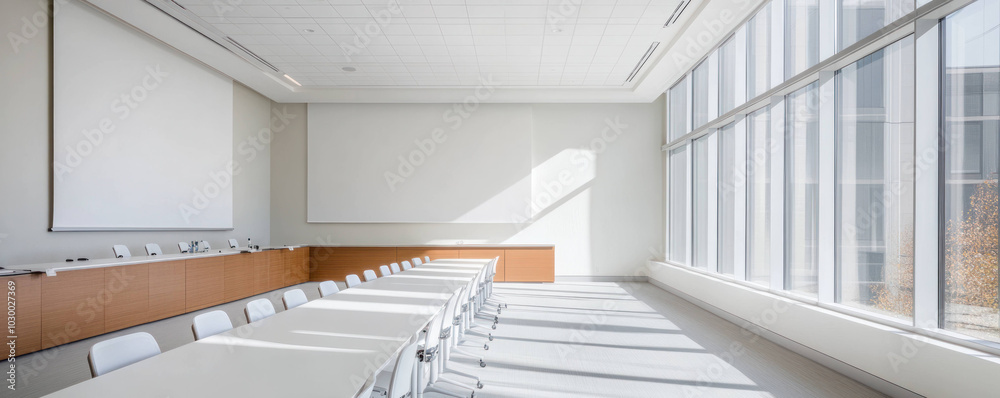 Poster modern training room featuring spacious layout with white ceiling and large windows allowing natural