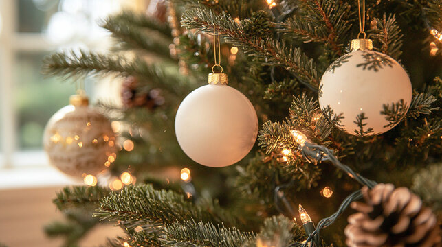 Bolas de Navidad blancas en árbol decorado