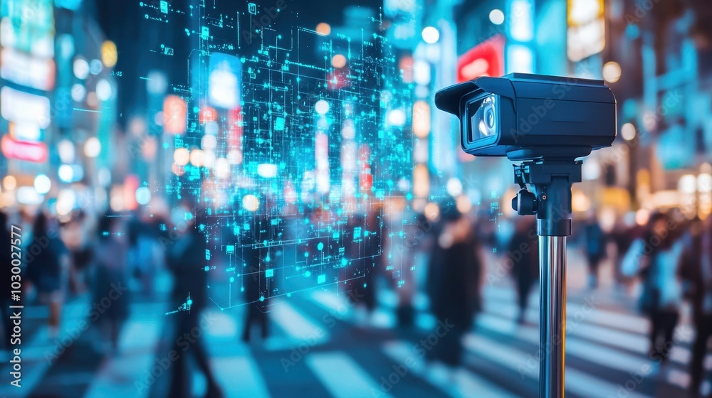 Leinwandbilder city surveillance camera with computer vision that recognizes objects and faces to identify threats 