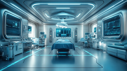 Obraz premium An operating room full of holographic displays showing surgical plans and patient anatomy is depicted in this futuristic scene of surgery involving a robotic arm that uses lasers
