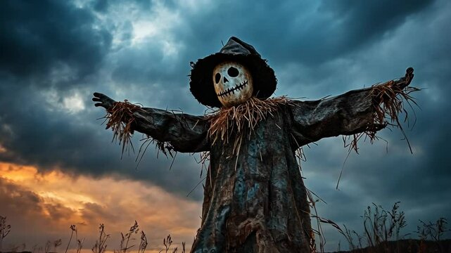 A scarecrow stands in a field, arms outstretched, against a backdrop of stormy clouds