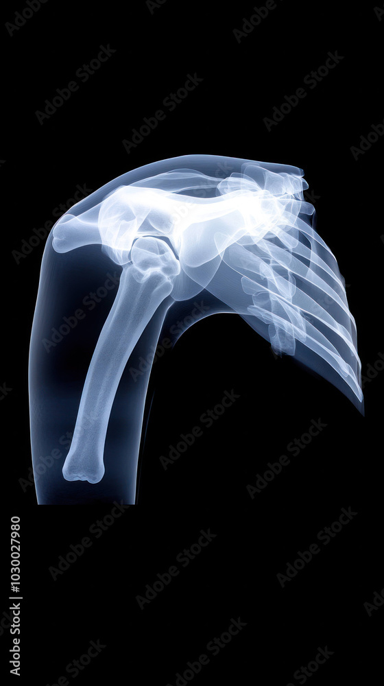 Poster x ray of human shoulder joint illustrating anatomy and structure of bones, showcasing humerus and sc