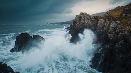 Powerful ocean waves crashing against rocky cliffs, sending up sprays of white foam under a stormy sky