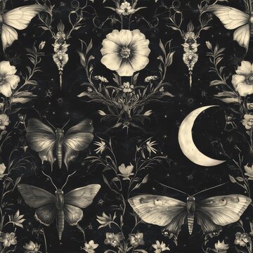 Gothic garden pattern with butterflies, moths, flowers, crescent moon seamless texture