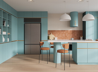 Colored home kitchen interior with bar island and cabinet, refrigerator