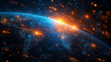 Abstract digital blue planet Earth with glowing connections and global network concept on a dark background, a technology wallpaper. Big data world map.