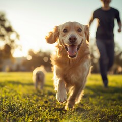 A dog running joyfully through a park with its owner on a sunny Sunday, Sunday dog walk, pet happiness
