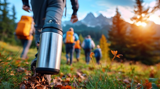 Adventurous Explorers Taking a Thermos Break on a Mountain Trail Hike Surrounded by Stunning Scenic Vistas and the Beauty of Nature