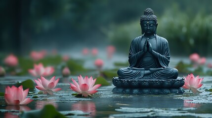 A Buddha statue amid a misty water lotus backdrop.