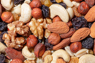 Mixed Nuts: Almonds, Walnuts, Cashews, Peanuts, Hazelnuts, Dried Prunes and Raisins. Different Nut Mix. Background from Various Nuts and Dried Fruits