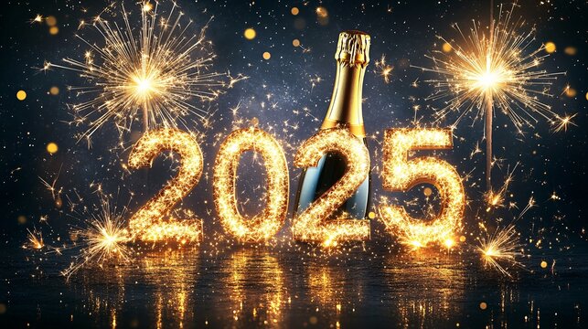 happy new year card showing a bottle of champagne with glitter and fireworks in the background