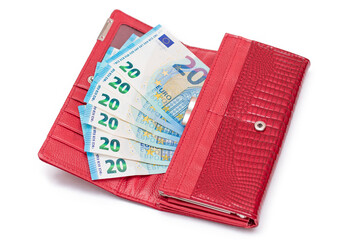 Opened Red Women Purse with 20 Euro Banknotes Inside - Isolated on White Background. A Wallet Full of Money Symbolizing Wealth, Success, Shopping and Social Status - Isolation