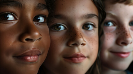 Diverse Children's Faces Smiling Directly at Camera, AI-Driven Online School Emotional Intelligence Banner, Dark Cinematic Background