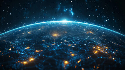Obraz premium Abstract digital blue planet Earth with glowing connections and global network concept on a dark background, a technology wallpaper. Big data world map.