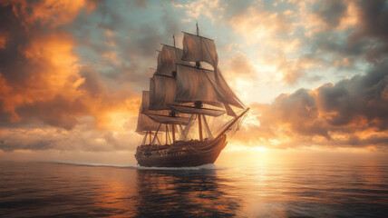 Obraz premium a 19th century British ship, sailing across the sea