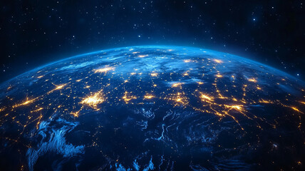 Abstract digital blue planet Earth with glowing connections and global network concept on a dark background, a technology wallpaper. Big data world map.