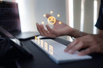customer service evaluation and feedback rating. costumer review concept, man using phone chooses...