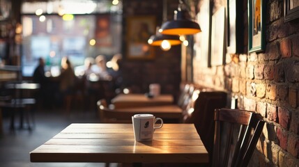 Cozy Cafe with Wooden Tables and Warm Lighting for a Relaxing Atmosphere