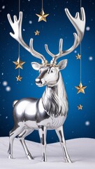 Silver reindeer and golden stars on blue snow background for invitation or card screensaver