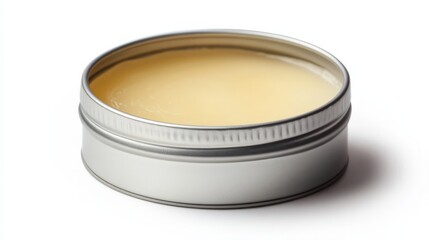 Natural Skincare Balm in Tin: Close-up of a small, round, metal tin filled with a thick, creamy yellow balm, perfect for showcasing natural skincare products, beauty routines, and DIY projects.  