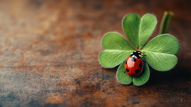 new year card with a ladybug and an irish clover leaf as symbols of luck