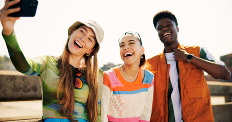 City, people and friends with laughing for selfie, summer memory and profile picture for social...