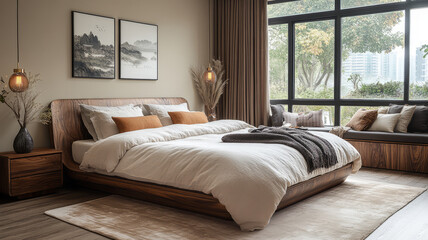 Elegant bedroom that merges New Chinese aesthetics with contemporary luxury. The room features a large bed with a sleek wooden frame and plush bedding in neutral tones