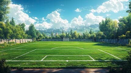 Obraz premium A clean, bold soccer field view is presented in cartoon style.