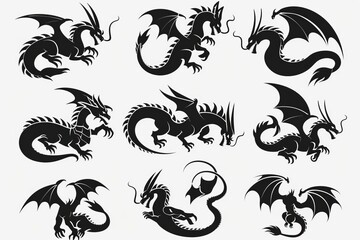 Fototapeta premium Dragons icon silhouette, dino, wyvern symbols, dinosaurs isolated, mythical monster, minimal flat tattoo