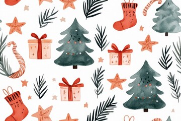 Seamless Watercolor Pattern with Festive Christmas Tree Stars for Holiday-Themed Designs and Decor