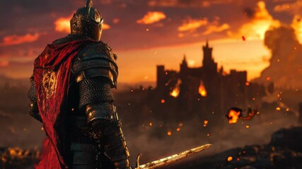 A lone knight stands in full armor with a sword drawn, silhouetted against a fiery sunset and a castle in the distance.