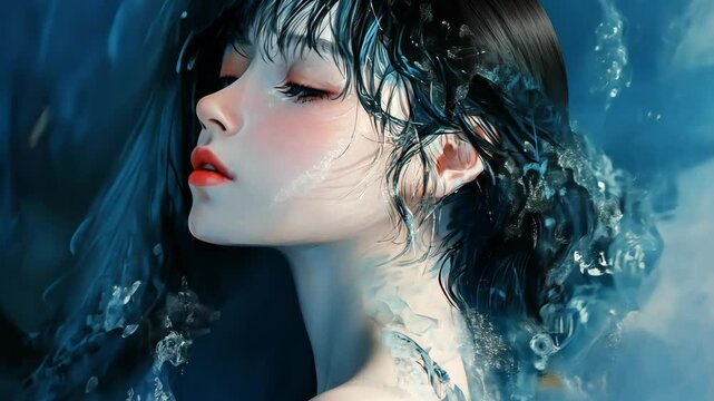 A woman with wet hair looks to the side, surrounded by blue water