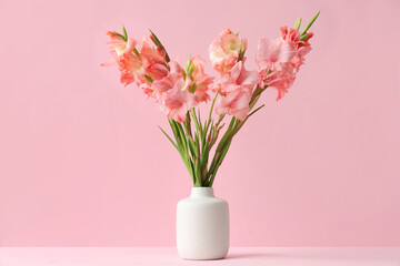 Fototapeta premium Vase with bouquet of beautiful gladiolus flowers on pink background