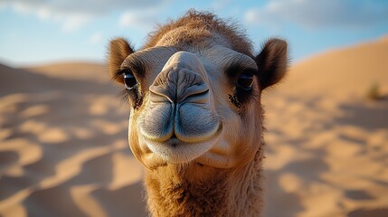 A camel head is closely observed in the desert on a sunny day.