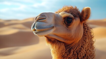Obraz premium A camel head is closely observed in the desert on a sunny day.