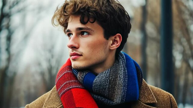 A young man with curly hair looks off to the side while wearing a brown coat and a red and blue scarf in the winter