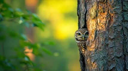 Obraz premium A small owl peeks out from behind a tree trunk in a forest, with a blurred background of green leaves and sunlight.
