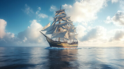 a 19th century British ship, sailing across the sea