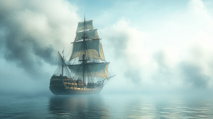 Obraz premium a 19th century British ship, sailing across the sea