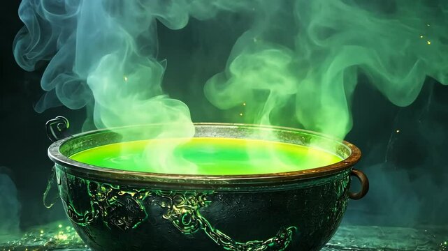 A cauldron filled with green liquid steams on a dark surface, creating an eerie atmosphere