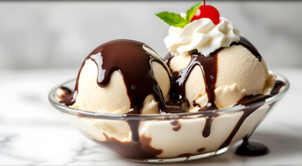 Dame Blanche Vanilla Ice Cream with Warm Chocolate Sauce and Whipped Cream in Glass Bowl (Belgian Cuisine)