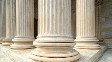 Marble pillars of a court building are shown close-up with copy space on the right.