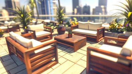 Fototapeta premium City Rooftop Patio with Wooden Furniture and Greenery
