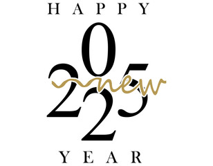 New Year 2025 creative banner with cute isolated number 2025, black and golden elements. Handwritten style. White background. Black and white design.