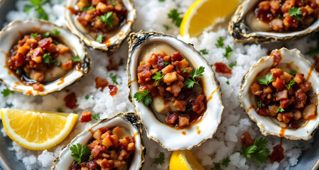 Oyster Kilpatrick with crispy bacon and parsley garnish on a bed of ice (Australian Cuisine)