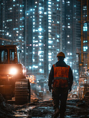 Construction Worker with City Skyline in Background
