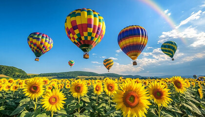Naklejka premium Dozens of colorful hot air balloons float above rolling sunflower fields under a bright blue sky, with a rainbow stretching across the horizon and the balloons' reflections shimmering in a nearby lake