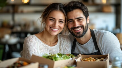 A happy couple smiles at the camera while sitting at a table with food in takeout containers.