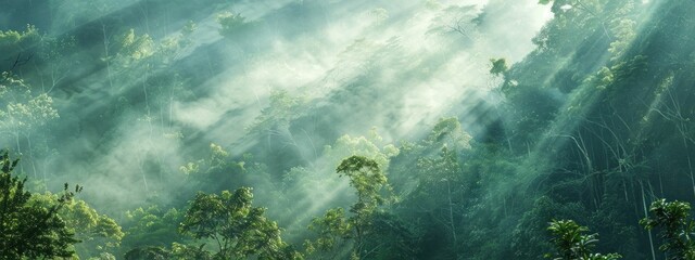 Obraz premium misty forest landscape with sunlight streaming through trees, highlighting lush greenery and atmospheric depth, creating a serene and tranquil natural setting